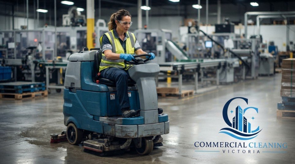 Professional industrial cleaner wearing PPE while operating a floor scrubber on a Melbourne factory floor
