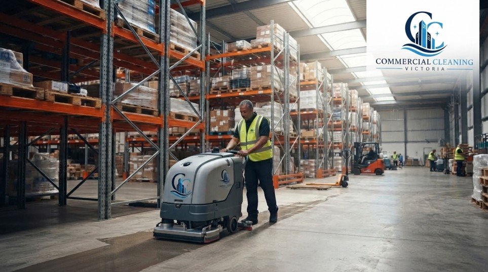 Warehouse racking and concrete floor being cleaned by an industrial cleaning crew in Melbourne